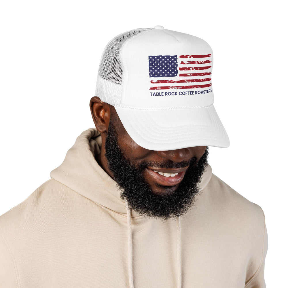 Trucker Hat - Rustic American Flag "Table Rock Coffee Roasters" Mesh Cap
