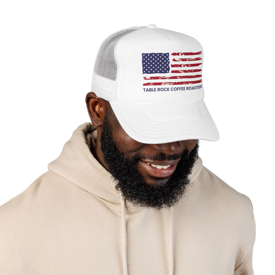 Trucker Hat - Rustic American Flag "Table Rock Coffee Roasters" Mesh Cap